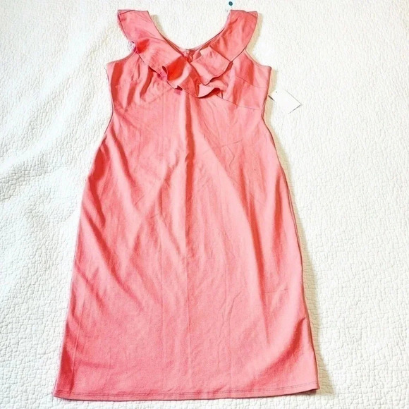 SUPERFOXX  Size L V-Neck Ruffle Midi Dress in Pink Papaya NEW! - Picture 3 of 6